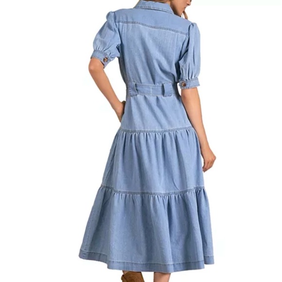 Elan Blue Denim Western Cowgirl Layered Maxi Belted Pocket Cotton Dress Small - Picture 3 of 9